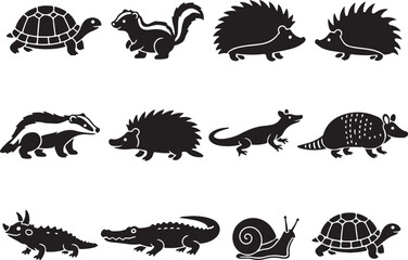 Black silhouettes of various animals on white background