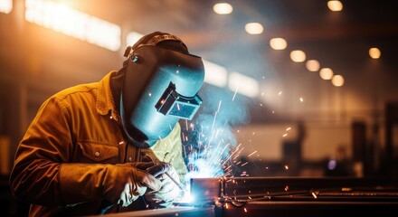 Obraz premium Welder at work in a factory or workshop setting