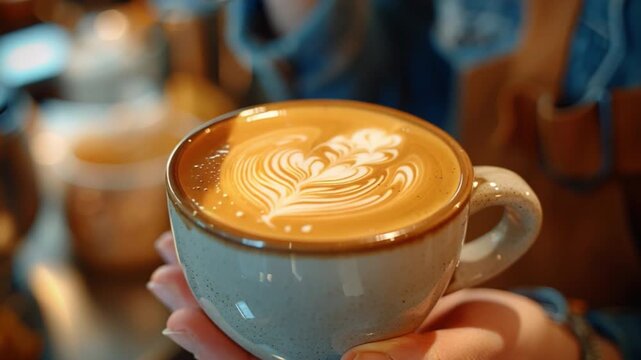 An expert barista skillfully pours steamed milk into coffee cup, crafting intricate latte art topped with sprinkle cocoa in cozy cafe ambiance, showcasing precision creativity in every pouring motion