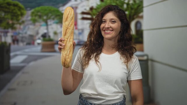Woman holds baguette upright on street while smiling and showing hands in a city sidewalk scene; everyday joy.