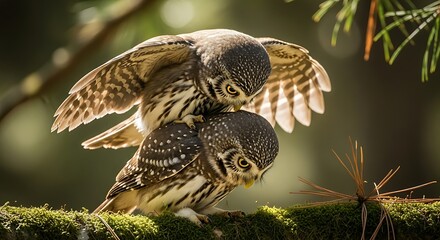 Two Northern Pygmy Owls Perched on a Mossy Branch.