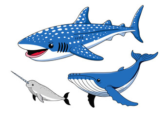 Cute Cartoon Whale Shark, Humpback Whale and Narwhal Illustration of Friendly Marine Animals © BappiDeb