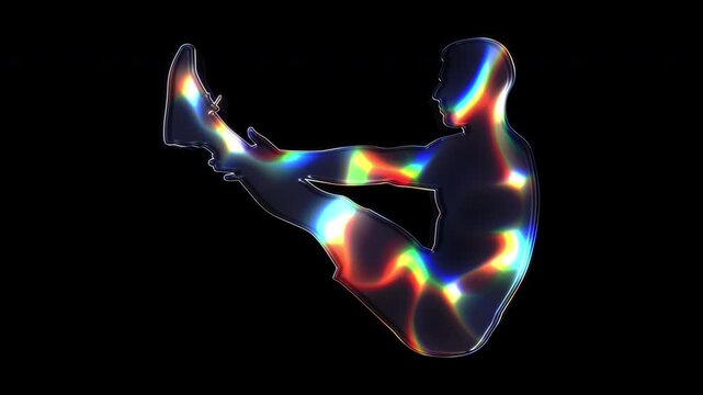 A jackknife-situp man shimmering with various colored lights on a glass-like surface with an alpha channel. Seamless loop video.