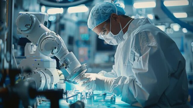 An expert technician in a high-tech laboratory deftly manipulates a robotic arm, surrounded by advanced equipment and multiple displays, to conduct precise experiments and thorough analysis