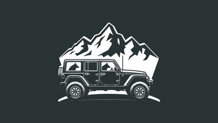 Off road jeep adventure with mountain landscape and dog silhouette, outdoor exploration vector illustration design © Itz Sobahan
