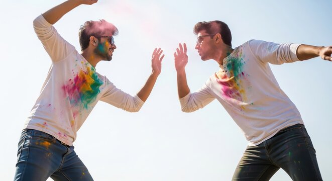 Friends celebrate Holi festival with colorful powder on faces and clothes outdoors