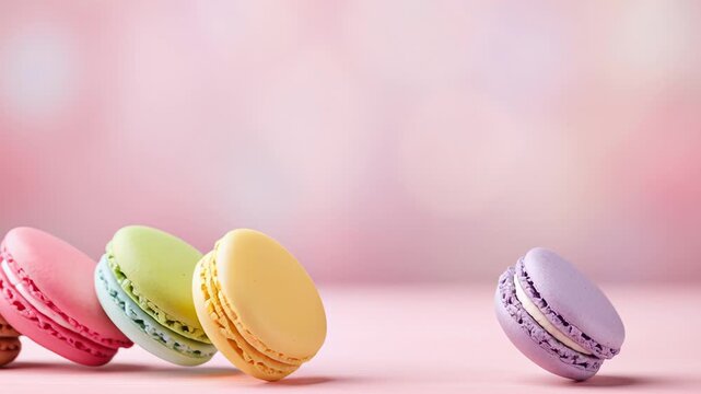 Colorful macarons stacked against a soft pink background in pastel shades