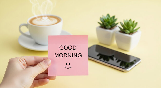 Close-up of a hand holding pink sticky note with "Good Morning" text, a coffee cup, and a mobile, conveying a positive and productive start to the day