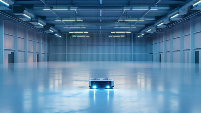 Futuristic Smart Logistics Center with Automated Guided Vehicles (AGV) in Tech Blue Illumination, Clean Polished Floor, Wide Angle Background with Copy Space