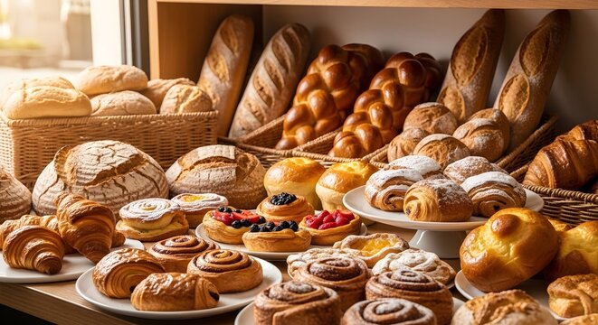Assorted freshly baked pastries and breads displayed in a warm bakery setting