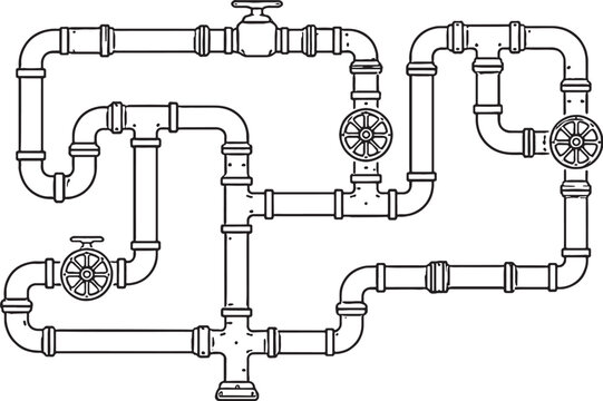 Engineering Pipeline Network Diagram Black and White Line Art Vector Illustration.eps