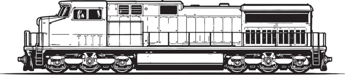 Diesel Locomotive Train Black and White Line Art Railway Engine Side View Illustration.eps © luu