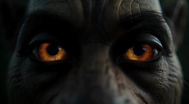 Intense close up of monstrous face with glowing orange eyes in darkness