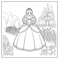 Fototapeta premium Princess in Ball Gown with Roses and Castle Coloring Page Stock