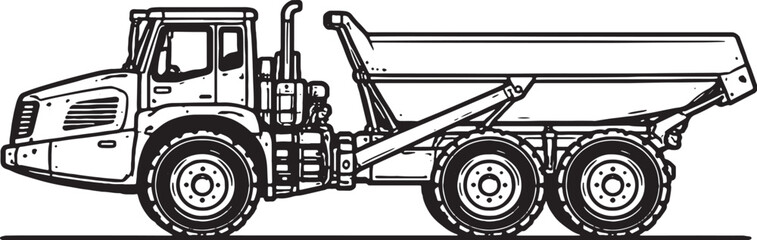 Articulated Dump Truck Black and White Line Art Heavy Earthmoving Vehicle Vector.eps © luu
