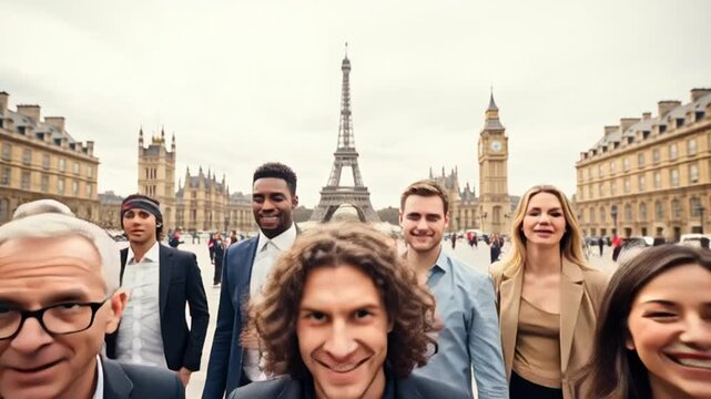Diverse group of people pointing at viewer in European city square