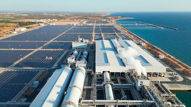 Aerial View of a Solar Power Plant Near the Ocean