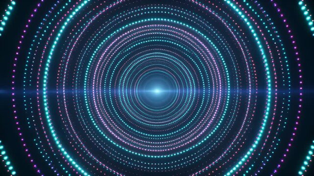 Glowing neon circles forming a futuristic tunnel effect with vibrant blue and purple lights from a centered viewpoint