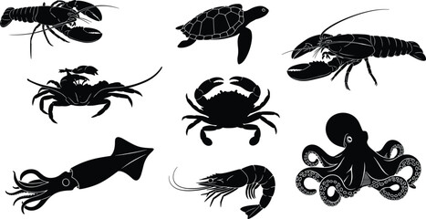 Marine animal silhouette vector illustration, lobster crab squid shrimp octopus turtle design, ocean creatures art, black sea life decorative concept © Anamul Arafat