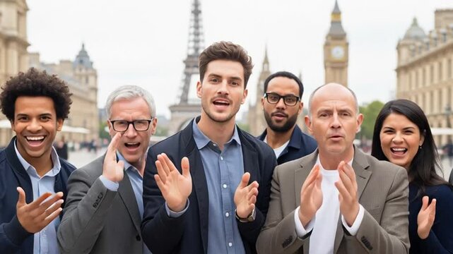 Diverse Group Points Fingers Forward in Paris and London Landmarks Background