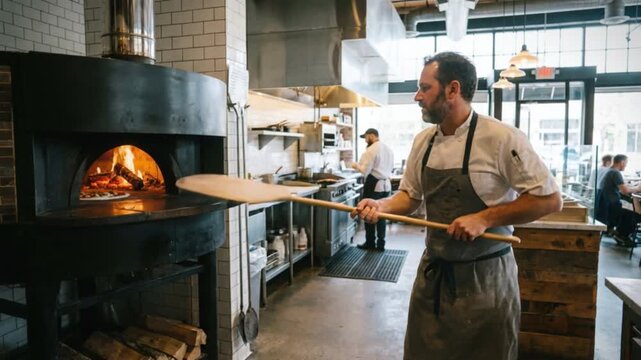 A chef, skilled in culinary techniques, adeptly slides a raw pizza into a roaring wood-fired oven within a busy pizzeria kitchen, expertly applying cooking methods to craft gourmet food