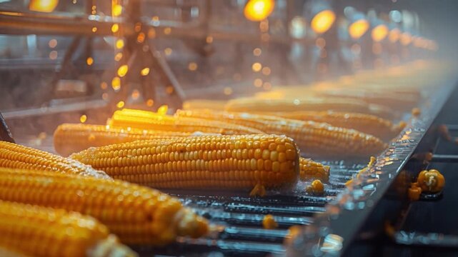 A chef cooks freshly harvested corn cobs in a bustling kitchen bathed in warm morning light, releasing steam that creates a cozy atmosphere, highlighting the vibrant yellow kernels