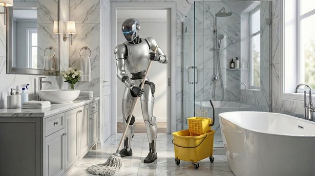 Humanoid robot maid mopping the marble floor in a luxurious modern bathroom