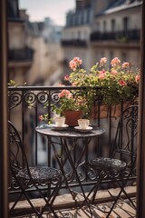 Fototapeta premium A narrow balcony with wrought iron railing holds a tiny round table set for two with coffee cups and potted geraniums. Rooftops stretch in soft blur beyond the rail in spring sunlight.
