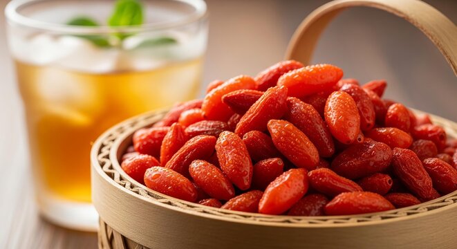Healthy goji berries in a woven basket next to a glass of iced tea