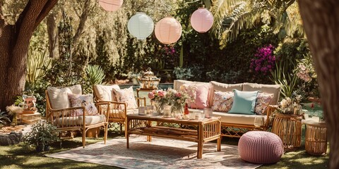 Boho summer garden party with rattan furniture, lanterns, floral centerpiece and pastel pillows in a sunlit backyard. Inviting outdoor setup for festive and stylish gathering.