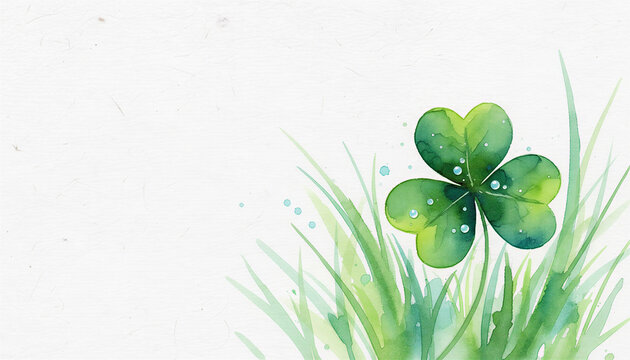 Four-leaf clover surrounded by grass on a textured white background  
