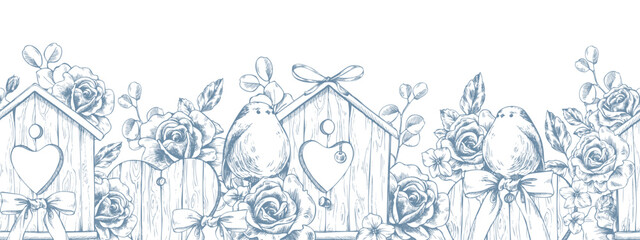 Birdhouses with birds, roses, bows, and hearts. Hand-drawn ink graphic line art illustration. A romantic seamless border pattern in pastel colors for wedding and holiday decor and design. © NATASHA-CHU