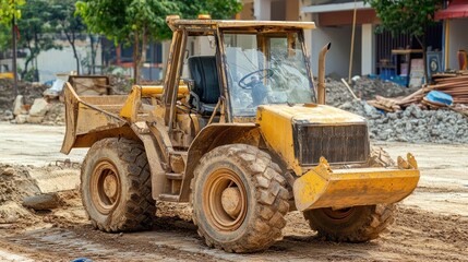 Fototapeta premium Yellow construction vehicle, muddy, on a road, surrounded by construction materials