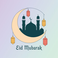 Fototapeta premium A vibrant eid mubarak illustration featuring a crescent moon mosque and hanging lanterns high quality professional