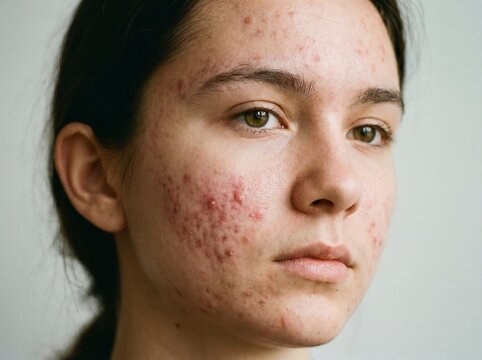 Acne Vulgaris: Professional photography, close-up of a teenager&rsquo;s face with visible cystic acne and scarring, neutral lighting, authentic and unretouched skin, editorial style.