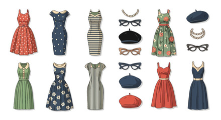 Collection of various 1950s style vintage dresses, skirts and accessories concept for fashion catalog design, retro illustration, stylish clothing promotion and historical editorial content