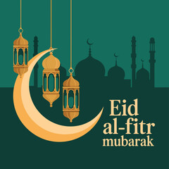 Festive eid al fitr greeting card featuring crescent moon lanterns and a mosque skyline high quality © Sadhin07