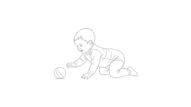 Happy baby crawling and reaching for a ball - line art illustration.