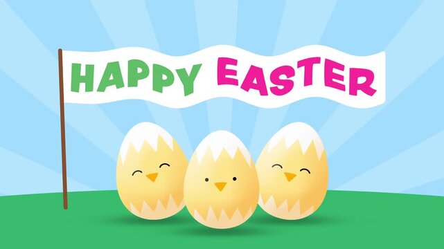 Sweet Cartoon Animation of 3 Easter Egg Chickens with Happy Easter Text in Wavy Banner Flag in a Spring Landscape with Sunburst - 4K Horizontal Seamless Loop Video