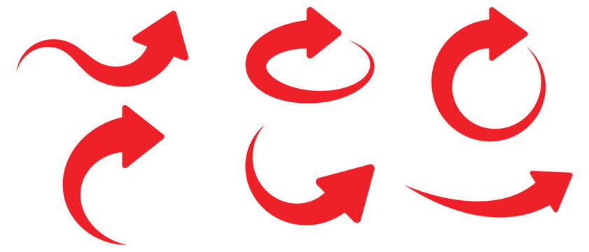 Curved arrow icon on white background. 6 deffrent red arrow icon vector. Vector illustration. 