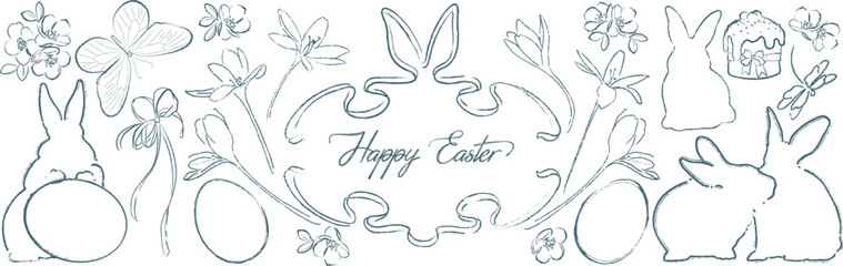 Obraz premium Hand-drawn Easter clipart set. Minimalist ink sketches of bunnies, birds, spring flowers and religious cross.