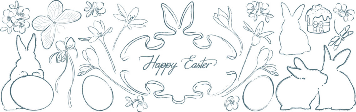 Hand-drawn Easter clipart set. Minimalist ink sketches of bunnies, birds, spring flowers and religious cross.