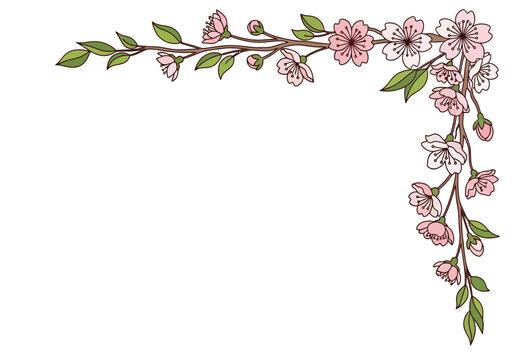 Corner border of stylized pink cherry blossom branches with green leaves