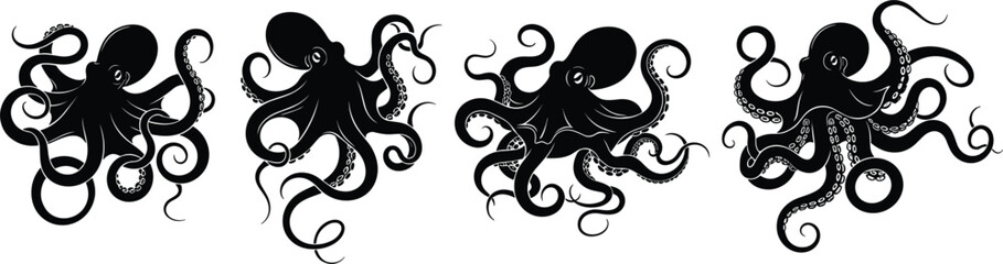 Octopus silhouettes vector illustration, marine animal design, black sea creature icons, aquatic wildlife art, ocean graphic, underwater animal artwork © Rahena ARAFAT