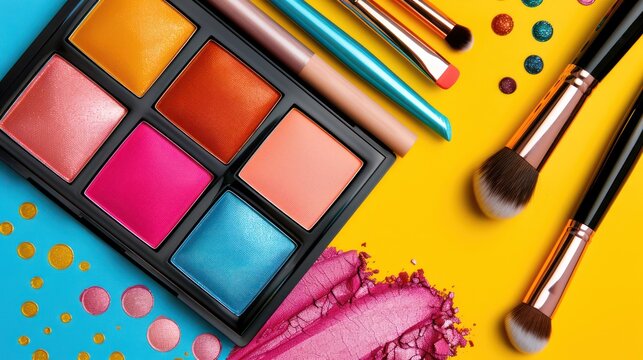 A vibrant makeup flat lay featuring a colorful palette, brushes, and splash of cosmetic colors