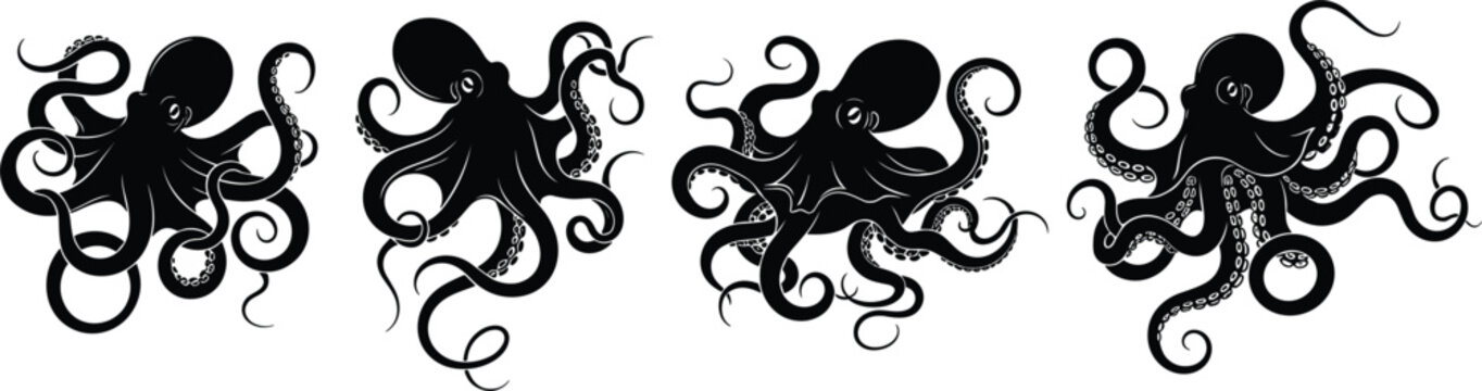 Octopus silhouettes vector illustration, marine animal design, black sea creature icons, aquatic wildlife art, ocean graphic, underwater animal artwork