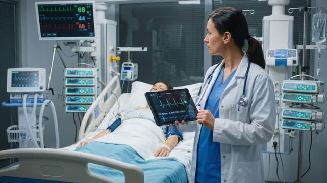 A doctor, specializing in cardiology, focuses on a patient's real-time heart activity displayed on sophisticated hospital equipment, exemplifying precise healthcare monitoring in a medical setting