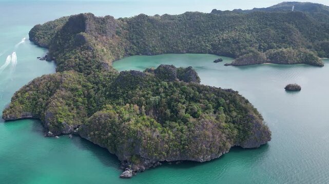 Aerial view around Tanjung Rhu Beach on Langkawi Island, Malaysia.