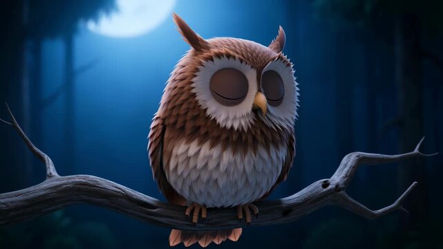 Cartoon owl perched peacefully on a branch at night under full moon with blue background animated stock footage