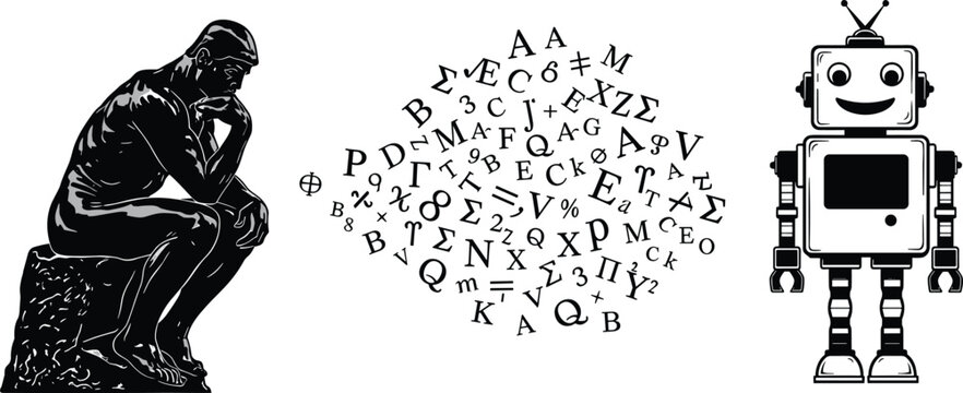 Human thinker statue with mathematical symbols cloud connecting to smiling robot artificial intelligence illustration representing knowledge, science, technology, and creativity